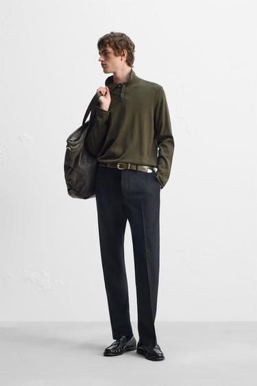 Zara KNIT WOOL-COTTON POLO SHIRT - Khaki - Image 0