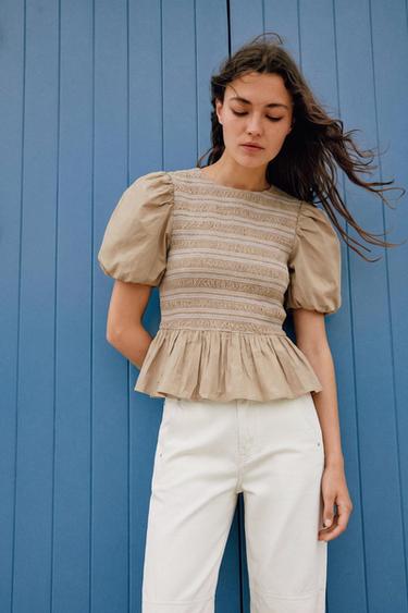 TOP GLOBO NIDO DE ABEJA BORDADOS - Beige oscuro de Zara