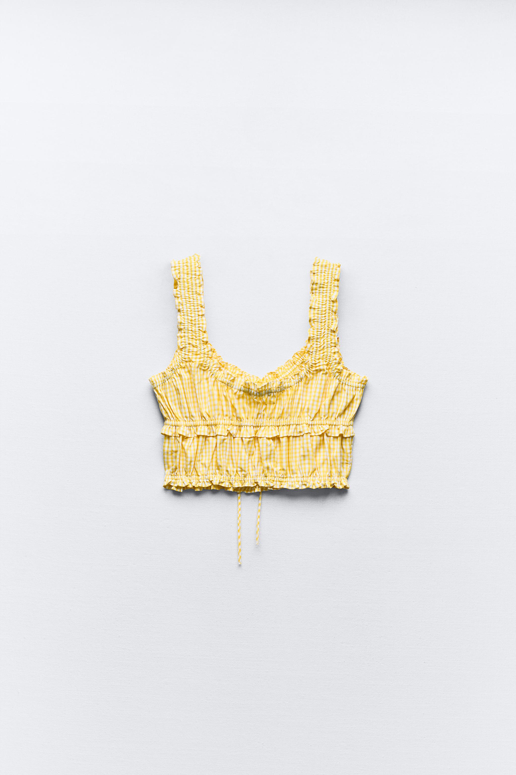 ギンガムチェック柄クロップド丈トップス - イエロー | ZARA ギンガムチェック柄クロップド丈トップス - イエロー | ZARA