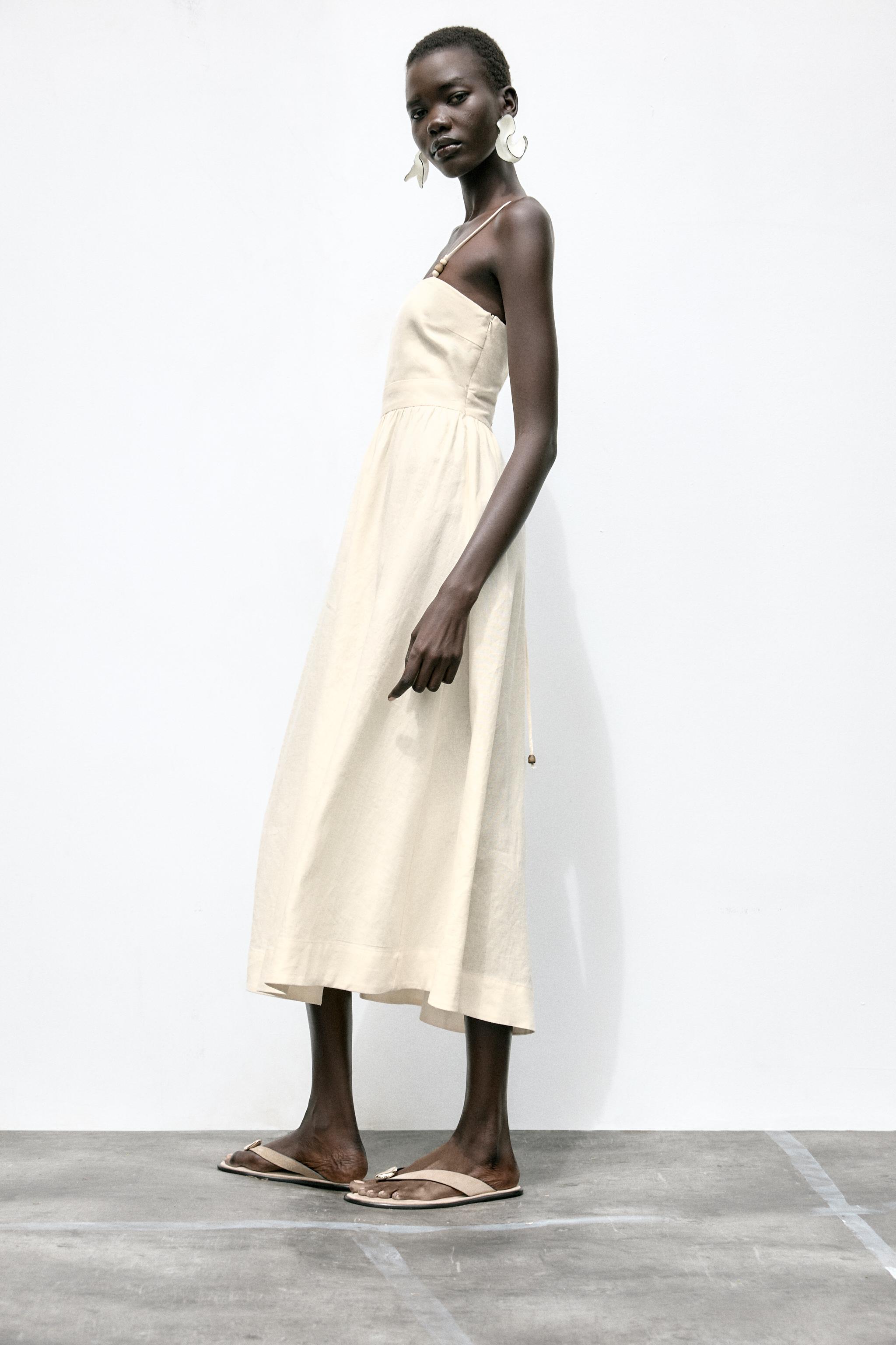 ZARA リネン ビーズストラップ付きミディ丈ワンピース 8372/099 リネン ビーズストラップ付きミディ丈ワンピース - エクリュ