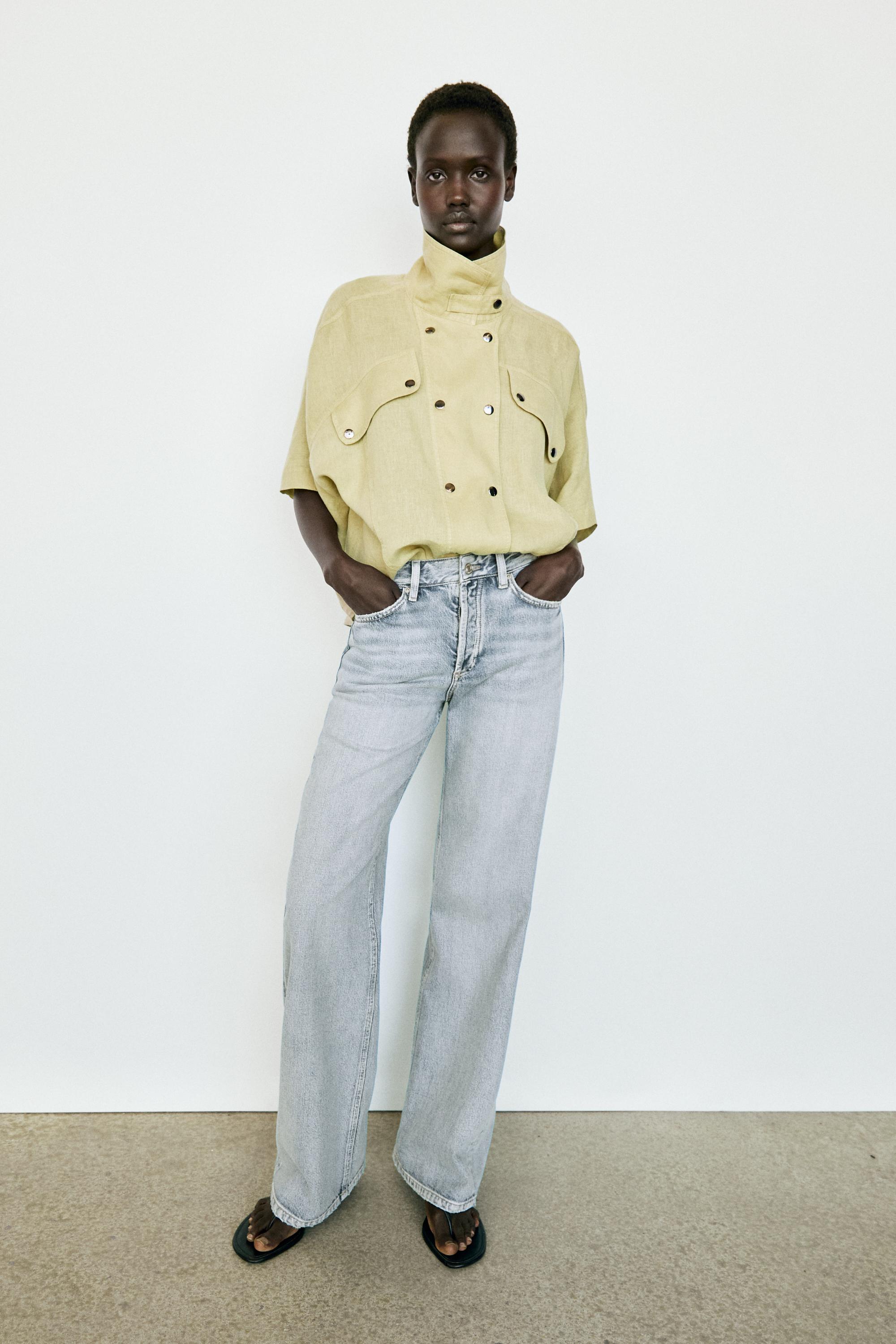 Short sleeve linen snap button shirt — Lime green