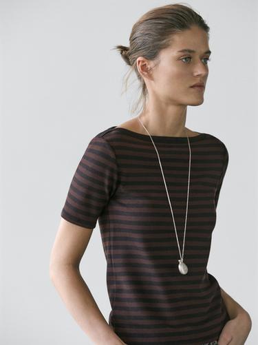 Zara Striped short sleeve boat neck T-shirt - Brown