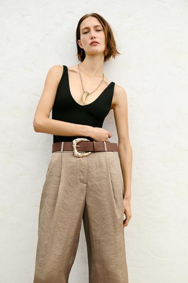 BELTED WIDE-LEG SATIN TROUSERS - Brown / Taupe by Zara - Image 3