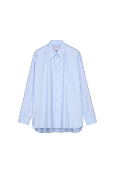 Front view of a light blue button-up shirt with a classic collar.