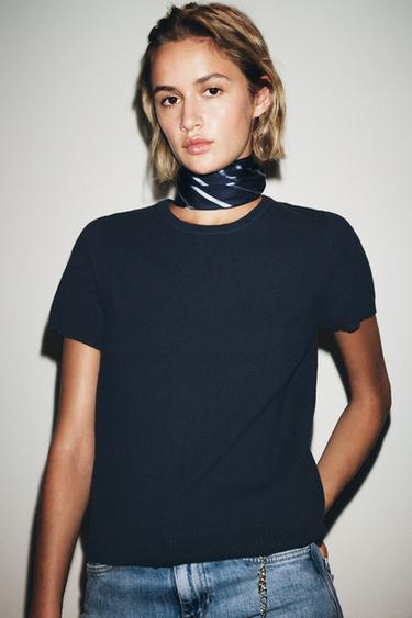 PLAIN KNIT SHORT SLEEVE TOP - Navy blue de Zara - Image 3