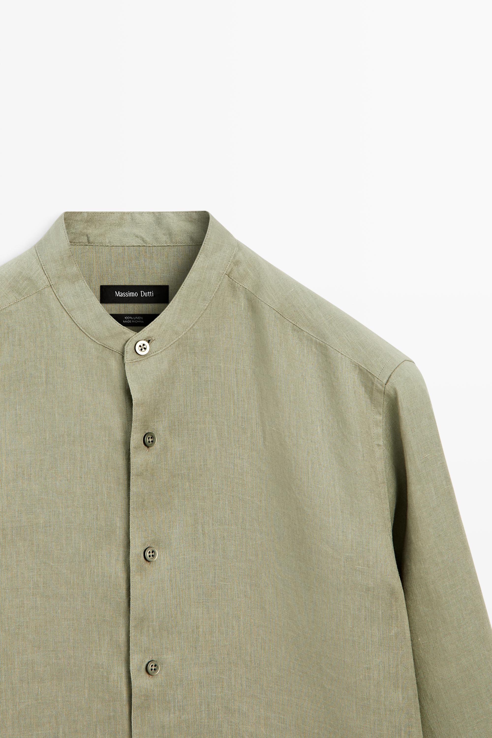 100% linen regular fit stand collar shirt — Light green