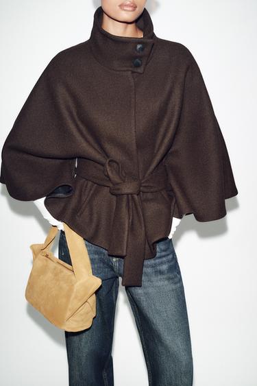 CROPPED WOOL CAPE COAT WITH BELT - Brown by Zara - Image 3