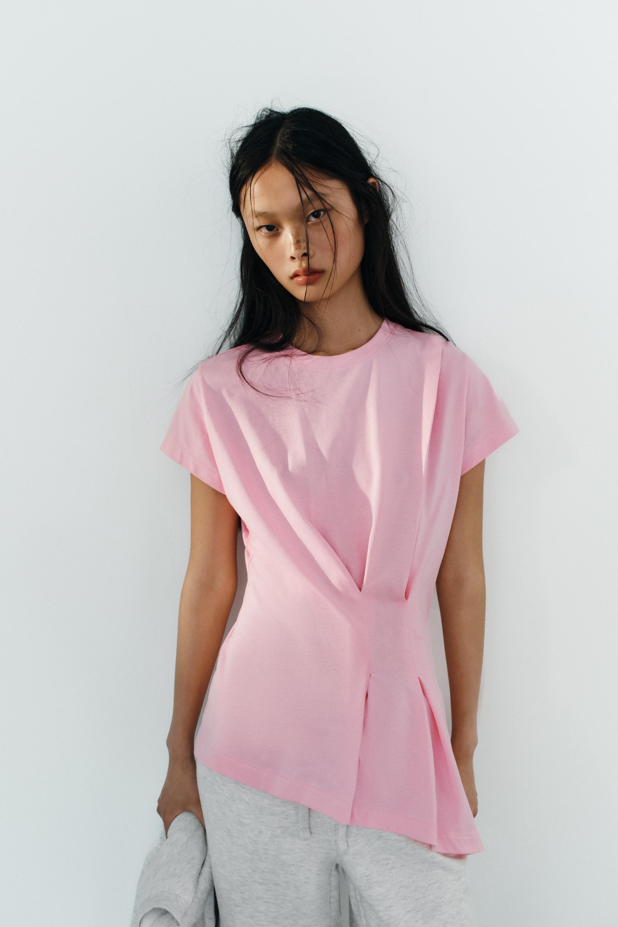 ASYMMETRIC PLEATED T-SHIRT — Pink