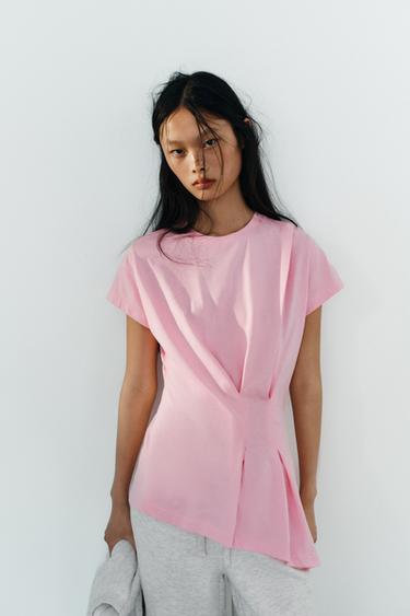 ASYMMETRIC PLEATED T-SHIRT - Pink by Zara