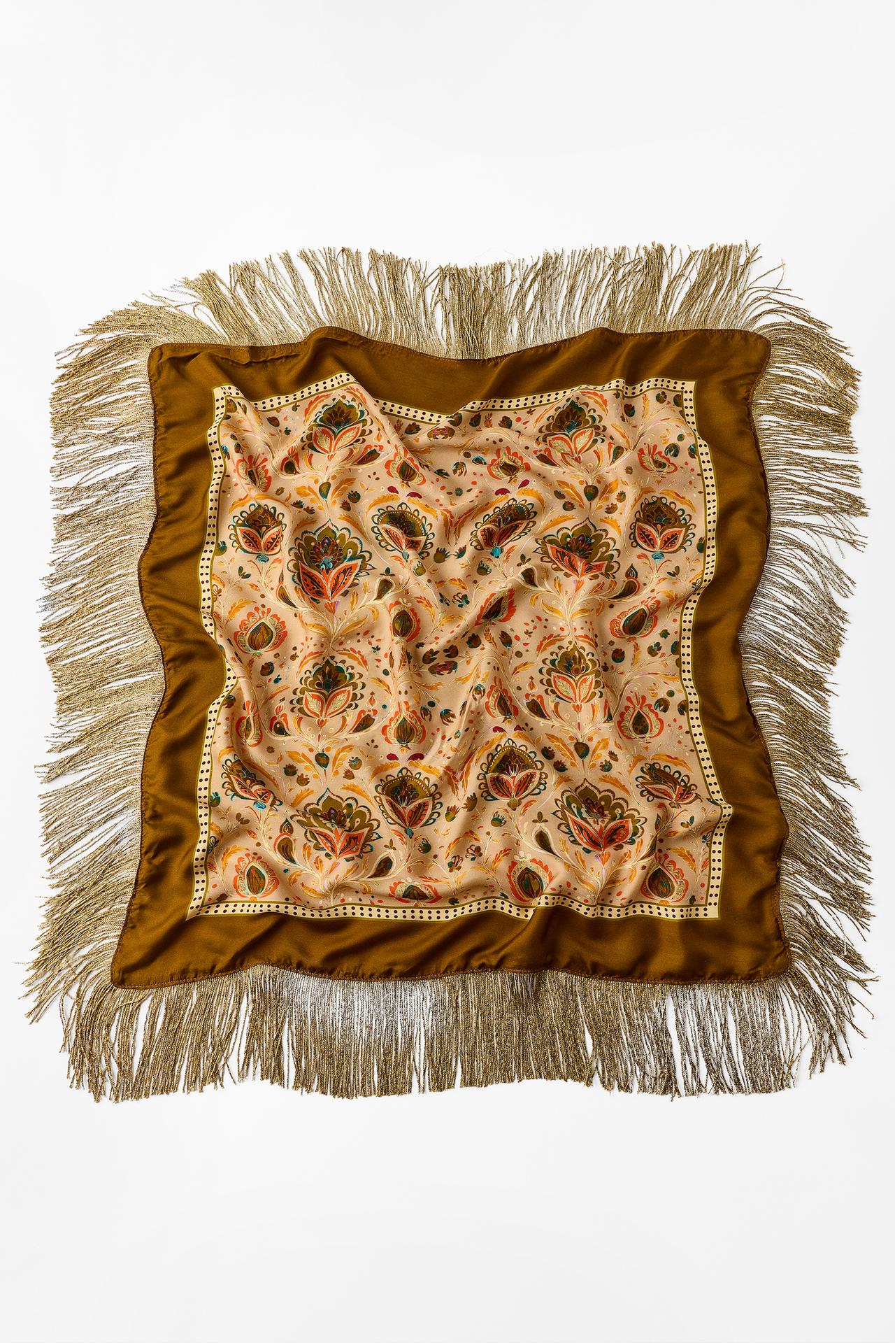 VISCOSE-SILK FRINGED PRINTED SCARF — Ecru
