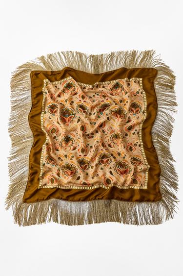VISCOSE-SILK FRINGED PRINTED SCARF — Ecru 1