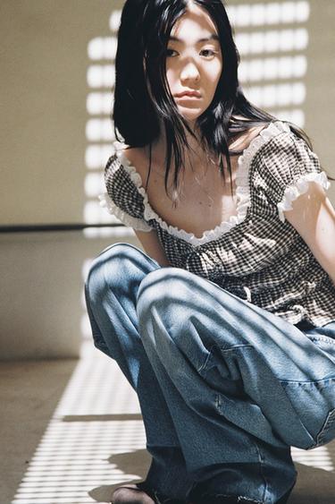 GINGHAM LACE TRIM TOP - Brown / Ecru by Zara