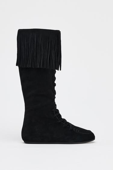 FRINGED LACE-UP SPLIT SUEDE BOOTS - Black by Zara