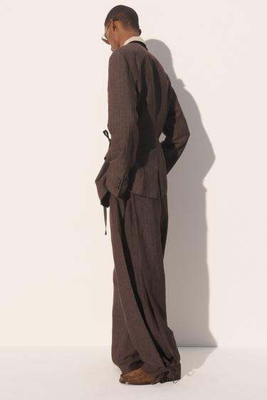 STRIPED VISCOSE/LINEN SUIT TROUSERS WITH SIDE PLEATS - Dark brown by Zara