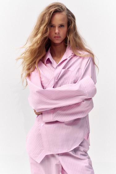 Zara STRIPED OVERSIZED POPLIN SHIRT - Pink / White