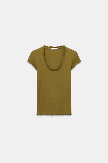 SHORT SLEEVE LINEN BLEND T-SHIRT - Olive green by Zara - Image 3