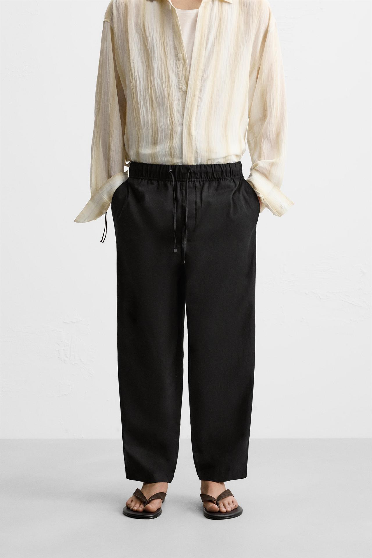 RELAXED FIT COTTON/LINEN TROUSERS - Black by Zara