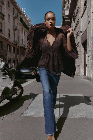 BLOUSE TULLE BRODÉ - Marron de Zara