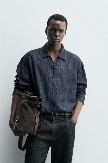 DENIM COTTON/LINEN POLO SHIRT - Mid-blue by Zara