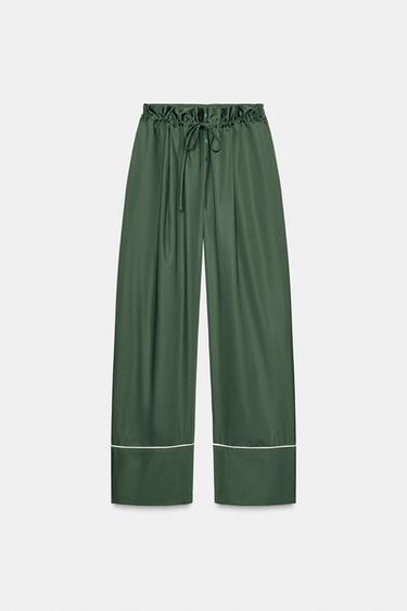 PANTALON EN POPELINE À CONTRASTE - Vert de Zara - Image 2