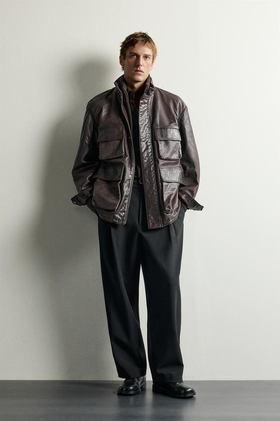 UTILITY POCKET LEATHER JACKET - Brown by Zara - Image 0