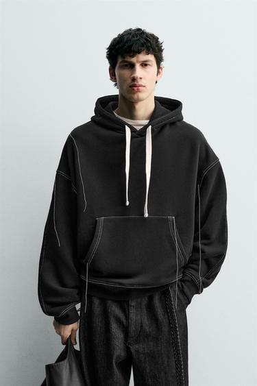 TOPSTITCHED HOODIE - Black by Zara