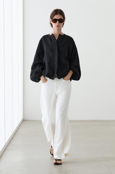 Zara 100% linen puff bomber jacket - Blue - Image 0