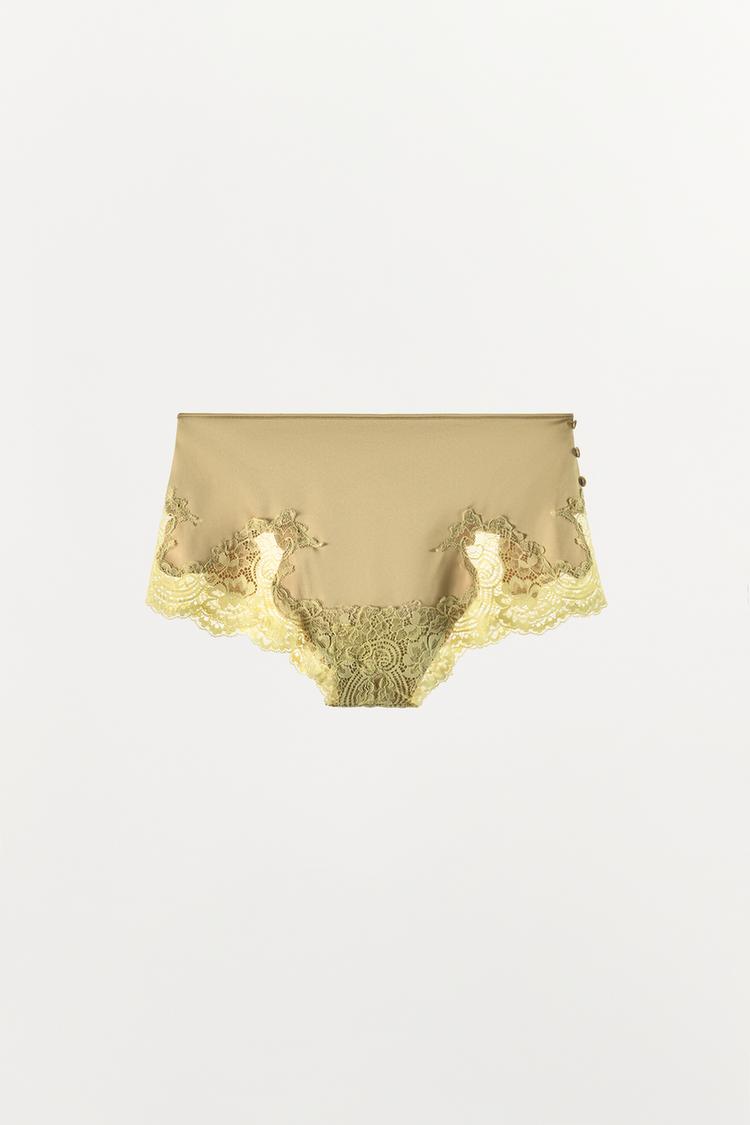 SATIN EFFECT LACE PANTIES — yellow