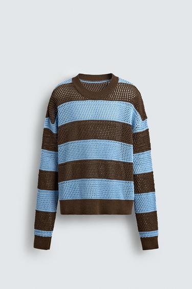 Zara OPENWORK CONTRAST STRIPED SWEATER - Brown Stripes