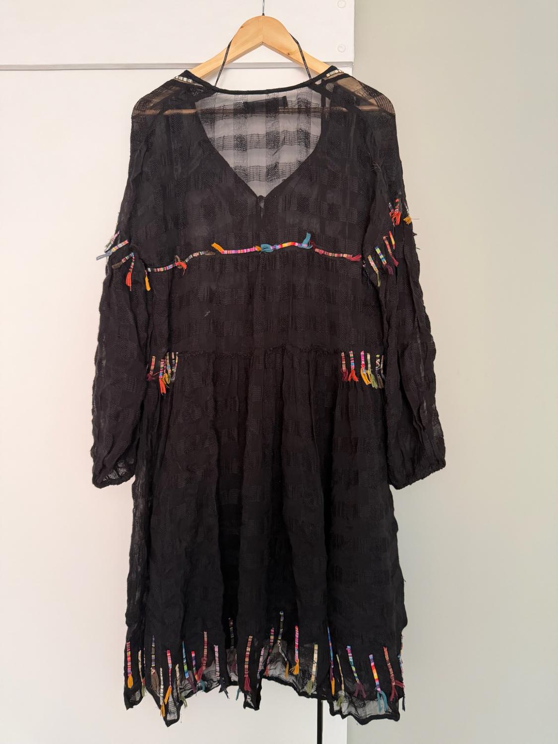 Semi-sheer black dress hanging on a wooden hanger against a white background. It features a V-neck and colourful fringing details.