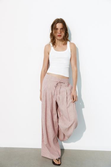 CELANA PANJANG TALI GARIS DENGAN LINEN - Pink dari Zara