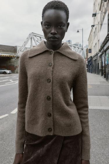 FAUX FUR LAPEL KNIT CARDIGAN - Mink marl by Zara