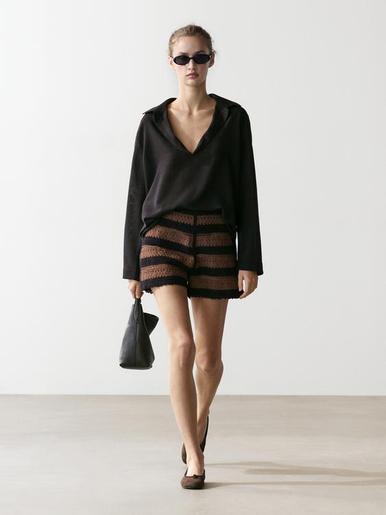 Striped cotton crochet shorts from Zara - $100