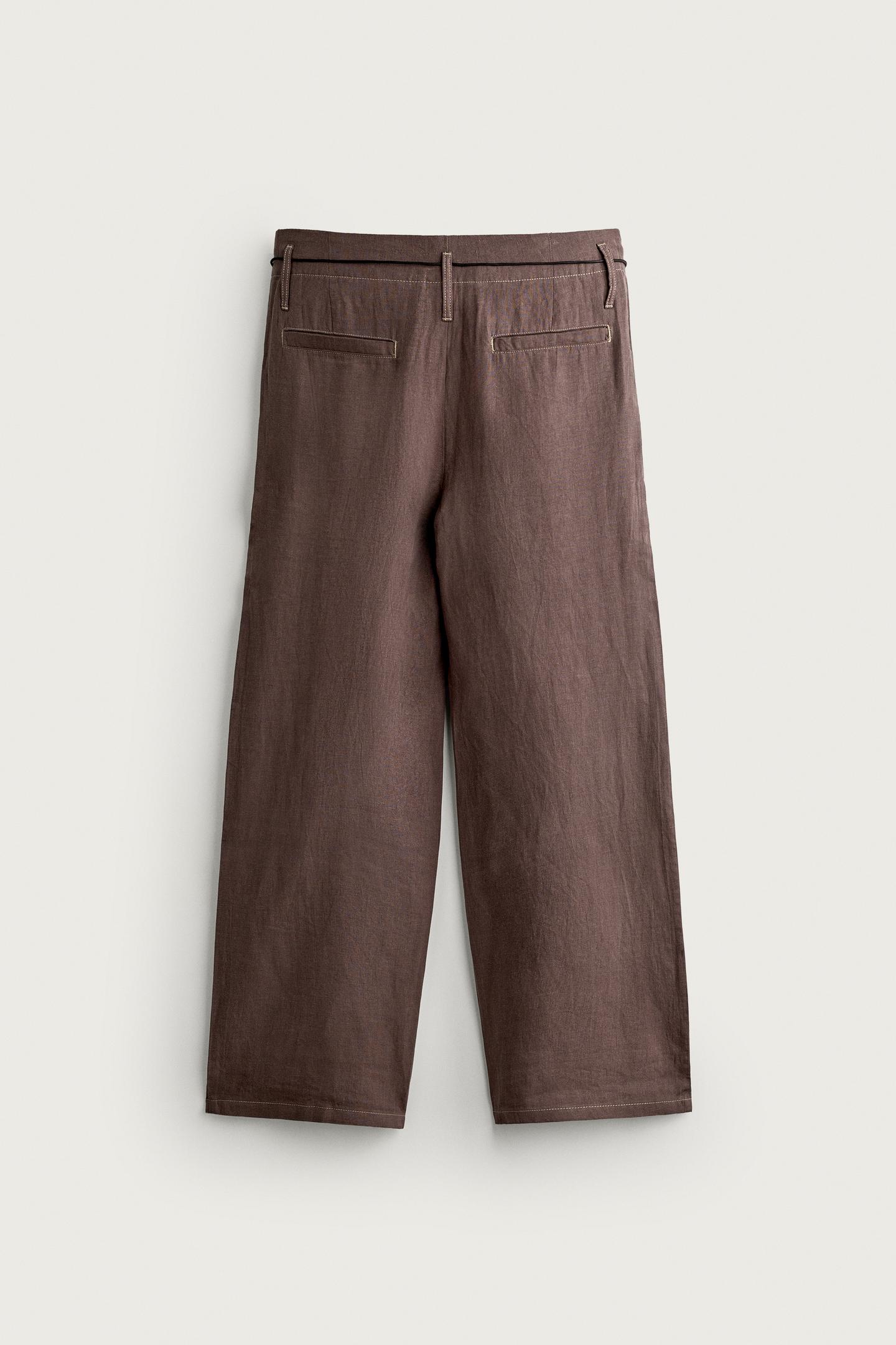 Мужские брюки Zara 100% Linen Relaxed Fit, цвет: Коричневый — фото 7