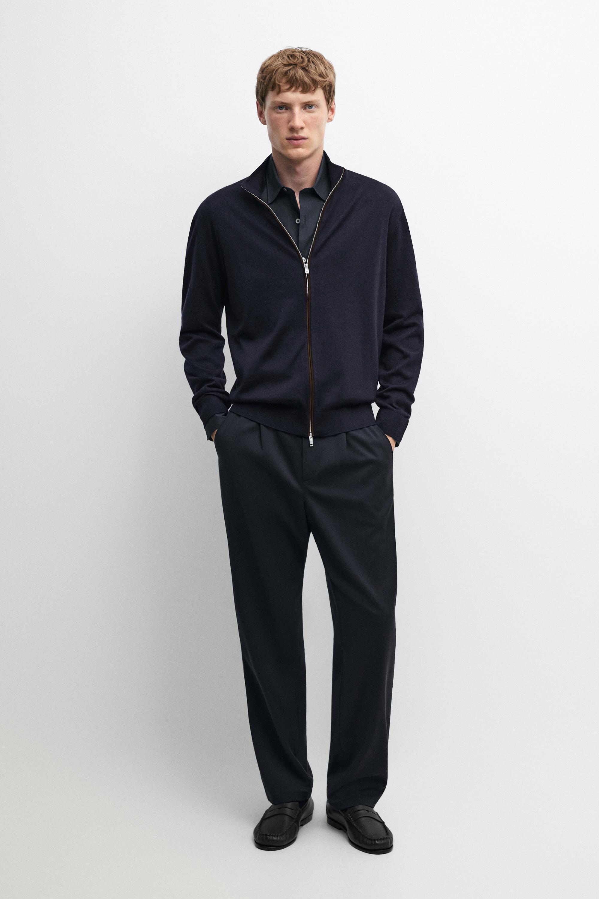 Merino wool blend zip-up knit cardigan — Navy blue