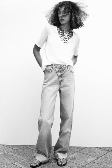 Zara Z1975 HIGH-WAIST STRAIGHT FULL-LENGTH WRAPAROUND WAIST JEANS - Light blue