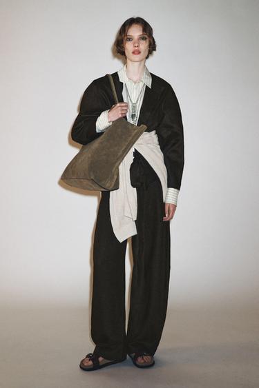 SPLIT SUEDE MAXI TOTE BAG - Khaki Green by Zara