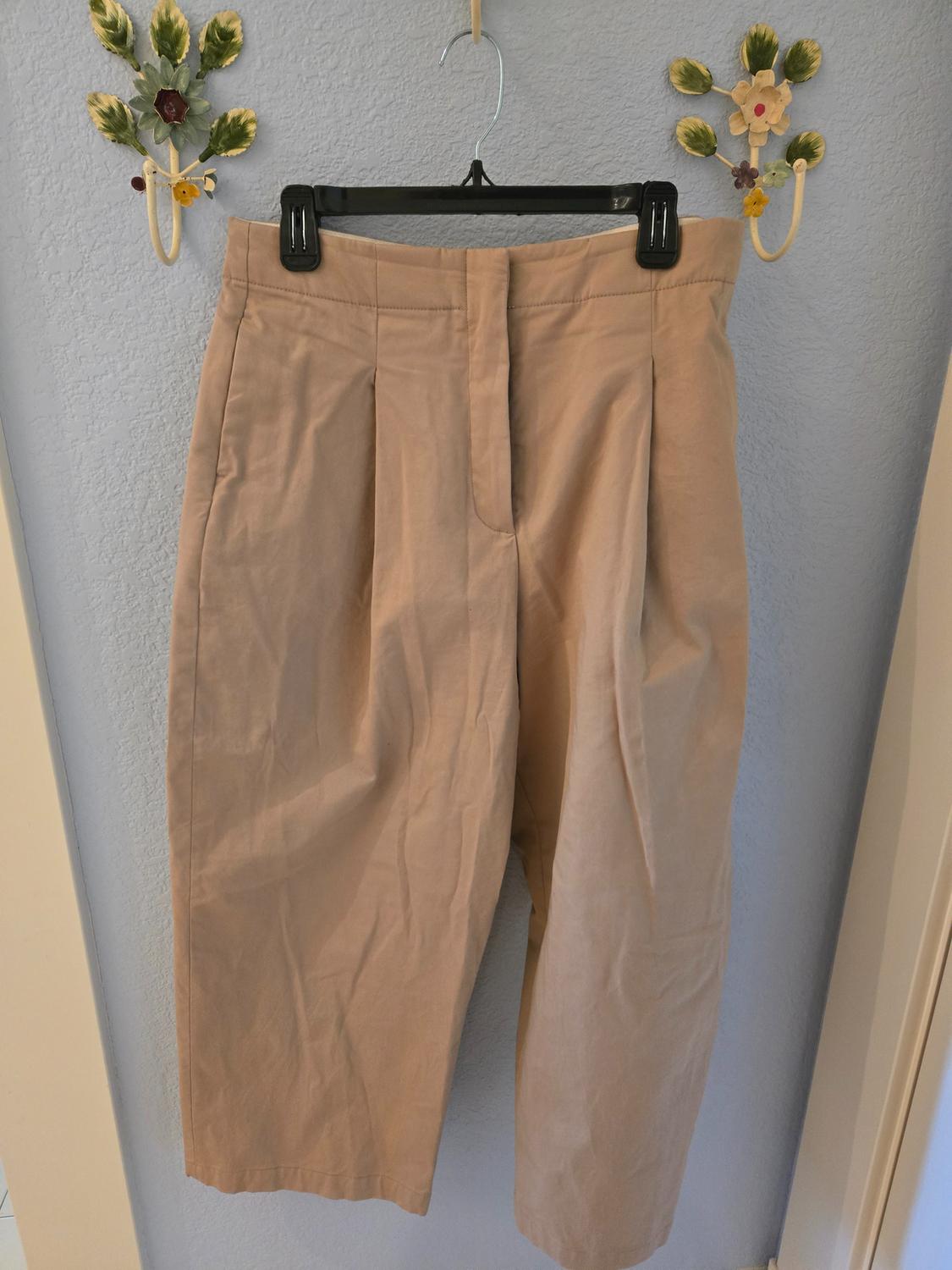 Beige trousers hanging on a black hanger against a grey wall, decorated with floral hooks.