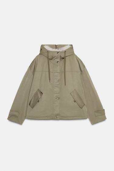 SHORT PARKA WITH FAUX FUR HOOD - Khaki by Zara