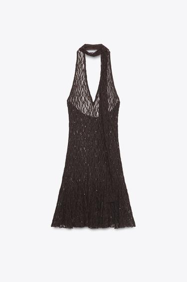 KLEID MIT NIETEN UND FOULARD - Braun von Zara