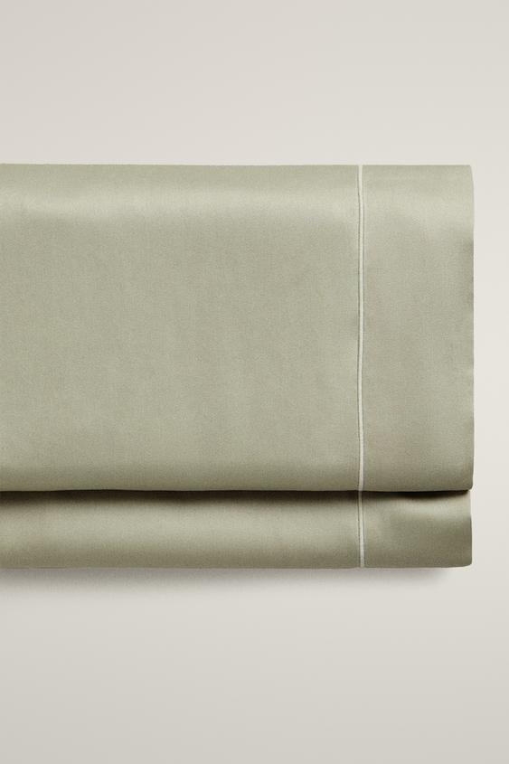Zara SATEEN FLAT SHEET WITH TRIM (300 THREAD COUNT) - Green - Image 0