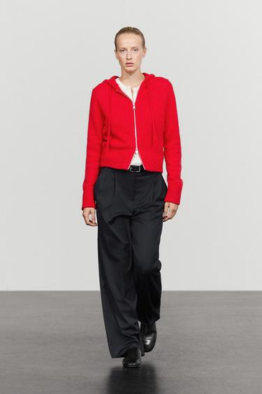 100% cashmere hooded zip-up cardigan — Red 1
