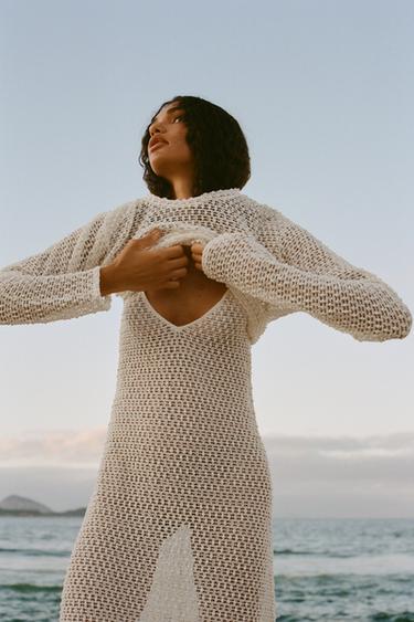 Zara CROCHET LONG SLEEVE TOP - Ecru