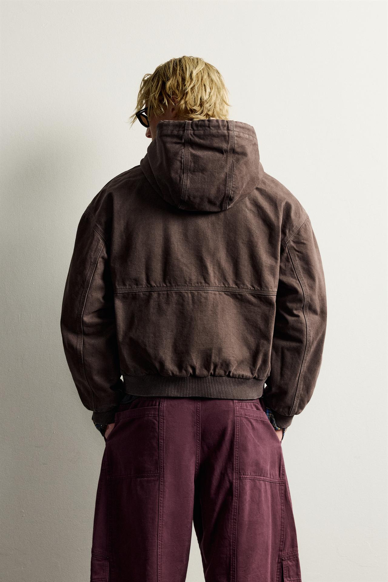 CONTRAST HOODIE QUILTED JACKET — Brown