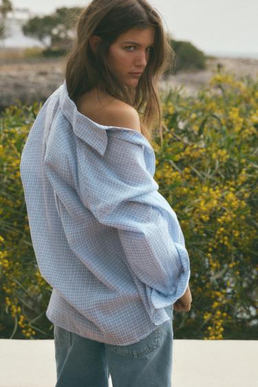 CHEMISE OVERSIZE GAZE POCHE - Écru / Bleu de Zara - Image 3