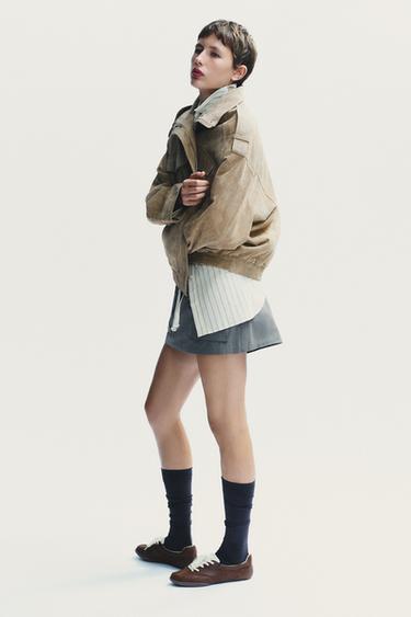 VESTE EN CUIR DAIM - Marron / Taupe de Zara - Image 3
