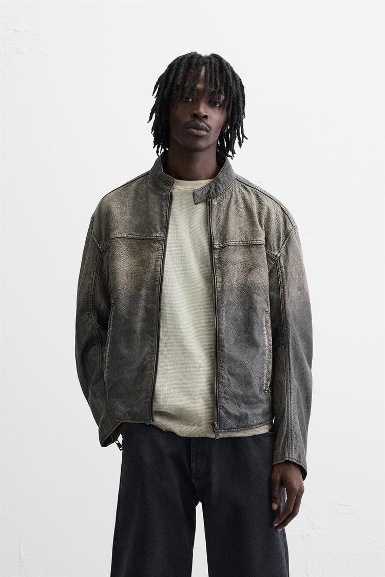 WASHED LEATHER BIKER JACKET Grey marl ZARA South Africa