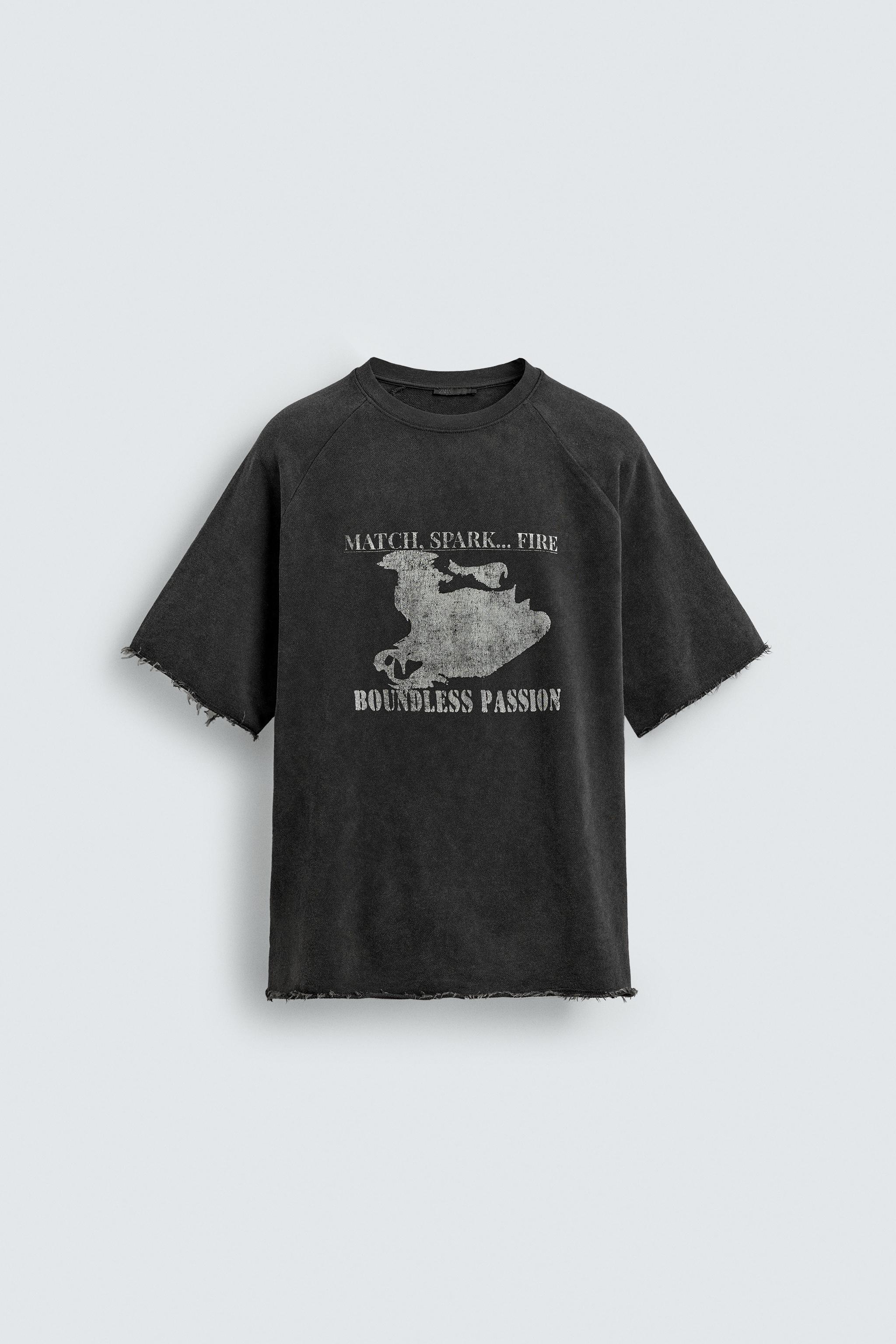 ユーズド加工コントラストプリントスウェットシャツ - ブラック | ZARA 