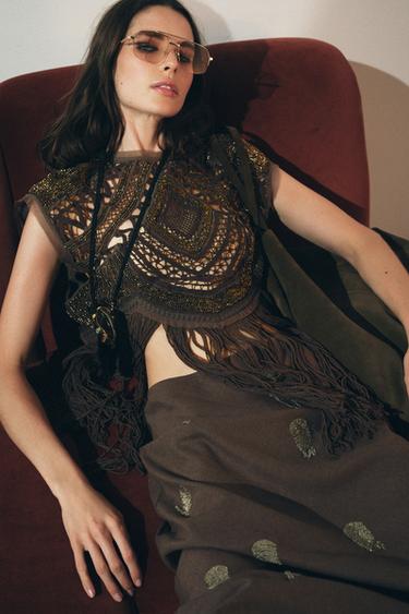 ZW COLLECTION BEADED CROCHET TOP - Brown by Zara