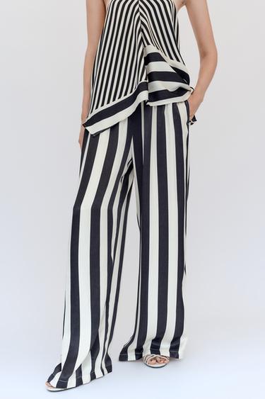 Zara STRIPED WIDE LEG PANTS - Black / White